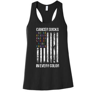 Cancer Sucks In Every Color Usa American Flag Ribbons Women's Racerback Tank