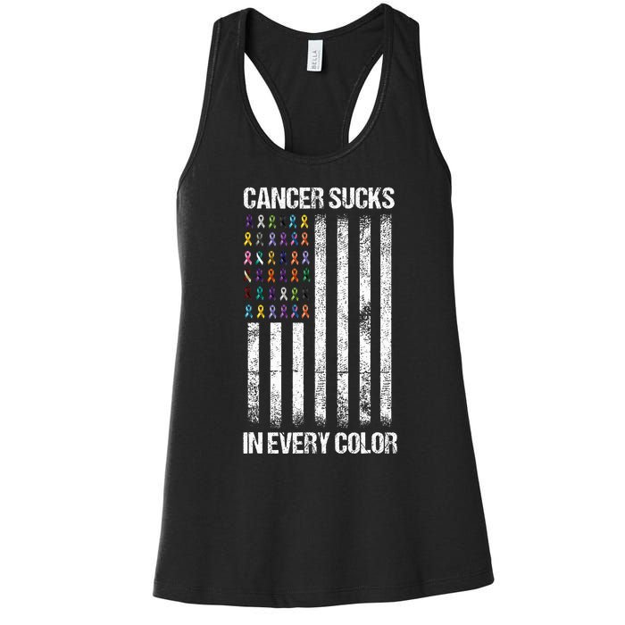 Cancer Sucks In Every Color Usa American Flag Ribbons Women's Racerback Tank