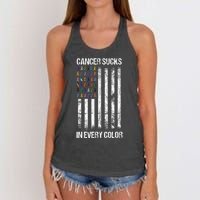 Cancer Sucks In Every Color Usa American Flag Ribbons Women's Knotted Racerback Tank