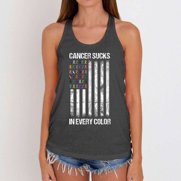 Cancer Sucks In Every Color Usa American Flag Ribbons Women's Knotted Racerback Tank