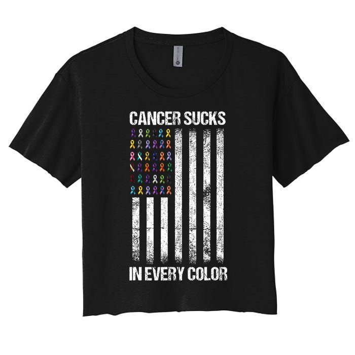 Cancer Sucks In Every Color Usa American Flag Ribbons Women's Crop Top Tee