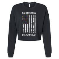 Cancer Sucks In Every Color Usa American Flag Ribbons Cropped Pullover Crew