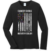 Cancer Sucks In Every Color Usa American Flag Ribbons Ladies Long Sleeve Shirt