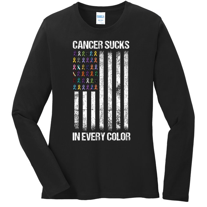 Cancer Sucks In Every Color Usa American Flag Ribbons Ladies Long Sleeve Shirt