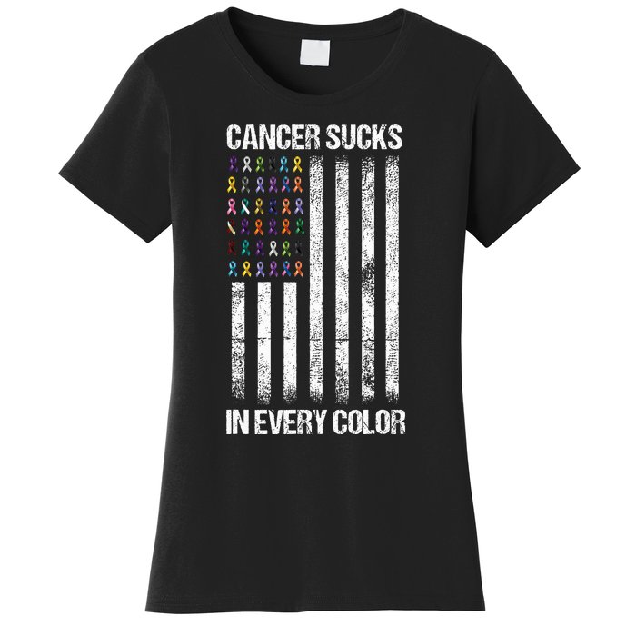 Cancer Sucks In Every Color Usa American Flag Ribbons Women's T-Shirt