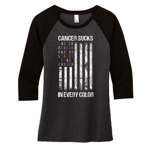 Cancer Sucks In Every Color Usa American Flag Ribbons Women's Tri-Blend 3/4-Sleeve Raglan Shirt