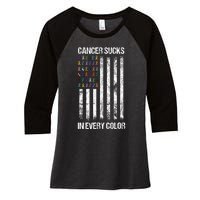 Cancer Sucks In Every Color Usa American Flag Ribbons Women's Tri-Blend 3/4-Sleeve Raglan Shirt