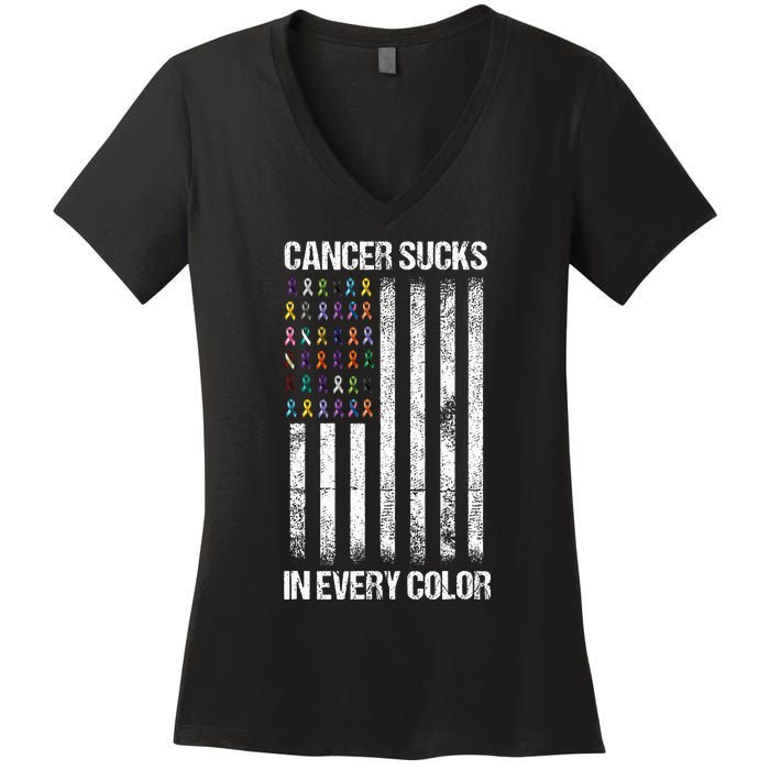 Cancer Sucks In Every Color Usa American Flag Ribbons Women's V-Neck T-Shirt