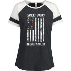 Cancer Sucks In Every Color Usa American Flag Ribbons Enza Ladies Jersey Colorblock Tee