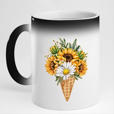 Cute Sunflowers In Ice Cream Cone 11oz Black Color Changing Mug