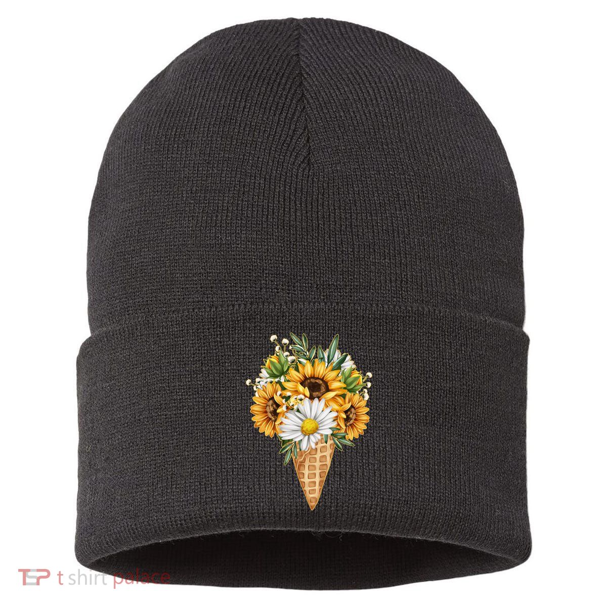 Cute Sunflowers In Ice Cream Cone Sustainable Knit Beanie