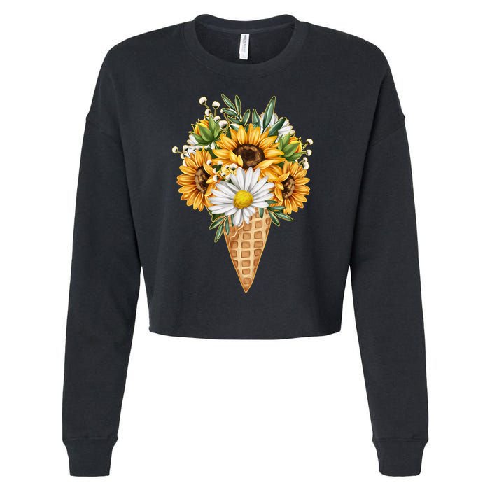 Cute Sunflowers In Ice Cream Cone Cropped Pullover Crew