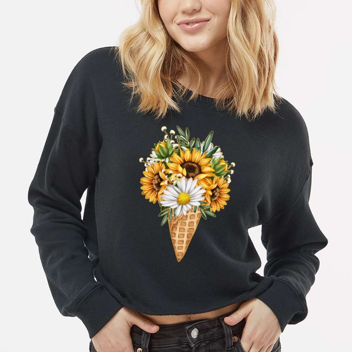 Cute Sunflowers In Ice Cream Cone Cropped Pullover Crew