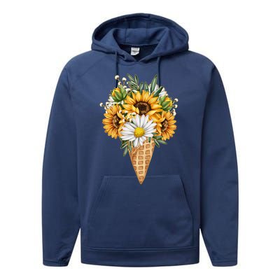 Cute Sunflowers In Ice Cream Cone Performance Fleece Hoodie