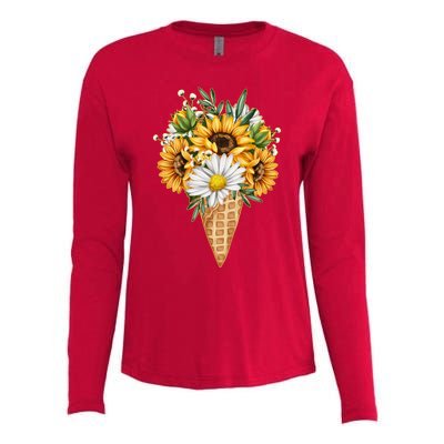 Cute Sunflowers In Ice Cream Cone Womens Cotton Relaxed Long Sleeve T-Shirt