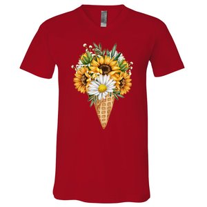 Cute Sunflowers In Ice Cream Cone V-Neck T-Shirt