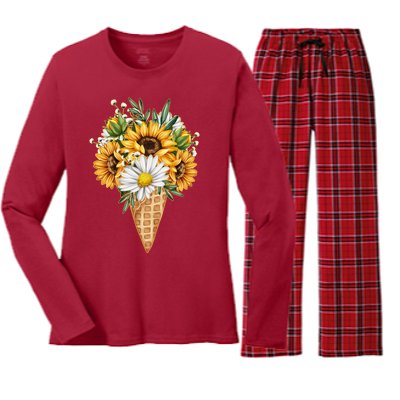 Cute Sunflowers In Ice Cream Cone Women's Long Sleeve Flannel Pajama Set 