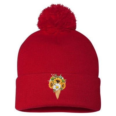 Cute Sunflowers In Ice Cream Cone Pom Pom 12in Knit Beanie