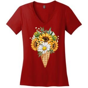 Cute Sunflowers In Ice Cream Cone Women's V-Neck T-Shirt