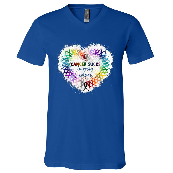 Cancer Sucks In Every Color Cancer Awareness Ribbons Heart Cute Gift V-Neck T-Shirt