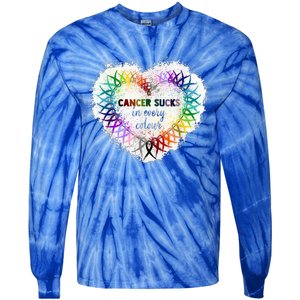 Cancer Sucks In Every Color Cancer Awareness Ribbons Heart Cute Gift Tie-Dye Long Sleeve Shirt