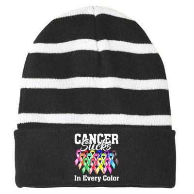 Cancer Sucks In Every Color Fighter Fight Support The Cancer Striped Beanie with Solid Band