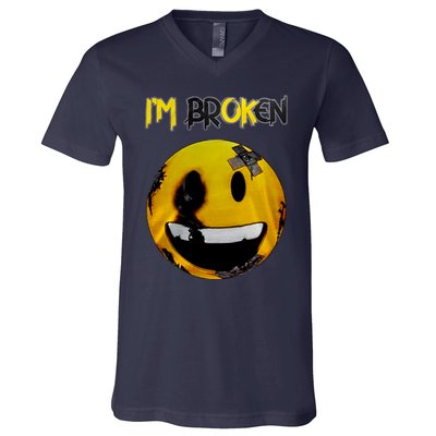 Confused Smile Im Broken Invisible Illness Im OK Broken V-Neck T-Shirt