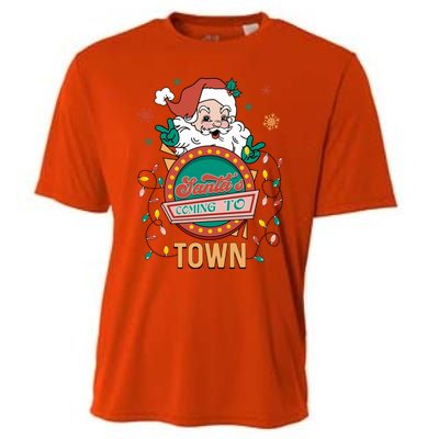 Christmas Santa Is Coming To Town Retro Christmas Pajamas Cute Gift Cooling Performance Crew T-Shirt