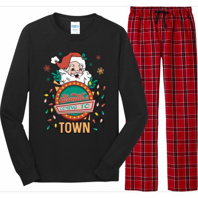 Christmas Santa Is Coming To Town Retro Christmas Pajamas Cute Gift Long Sleeve Pajama Set