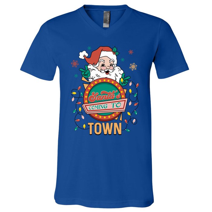 Christmas Santa Is Coming To Town Retro Christmas Pajamas Cute Gift V-Neck T-Shirt