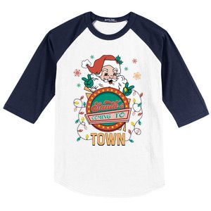 Christmas Santa Is Coming To Town Retro Christmas Pajamas Cute Gift Baseball Sleeve Shirt