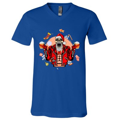 Christmas Skeleton Ing Beer Santa Claus Skeleton Gift V-Neck T-Shirt