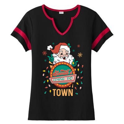 Christmas Santa Is Coming To Town Retro Christmas Pajamas Meaningful Gift Ladies Halftime Notch Neck Tee