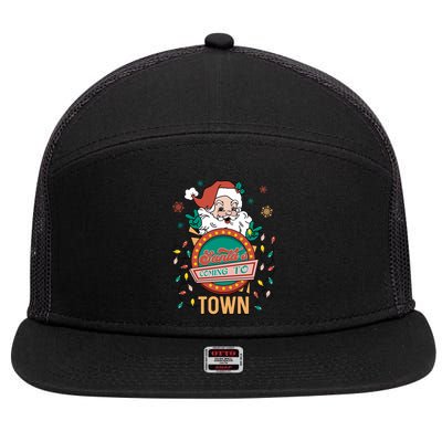 Christmas Santa Is Coming To Town Retro Christmas Pajamas Meaningful Gift 7 Panel Mesh Trucker Snapback Hat