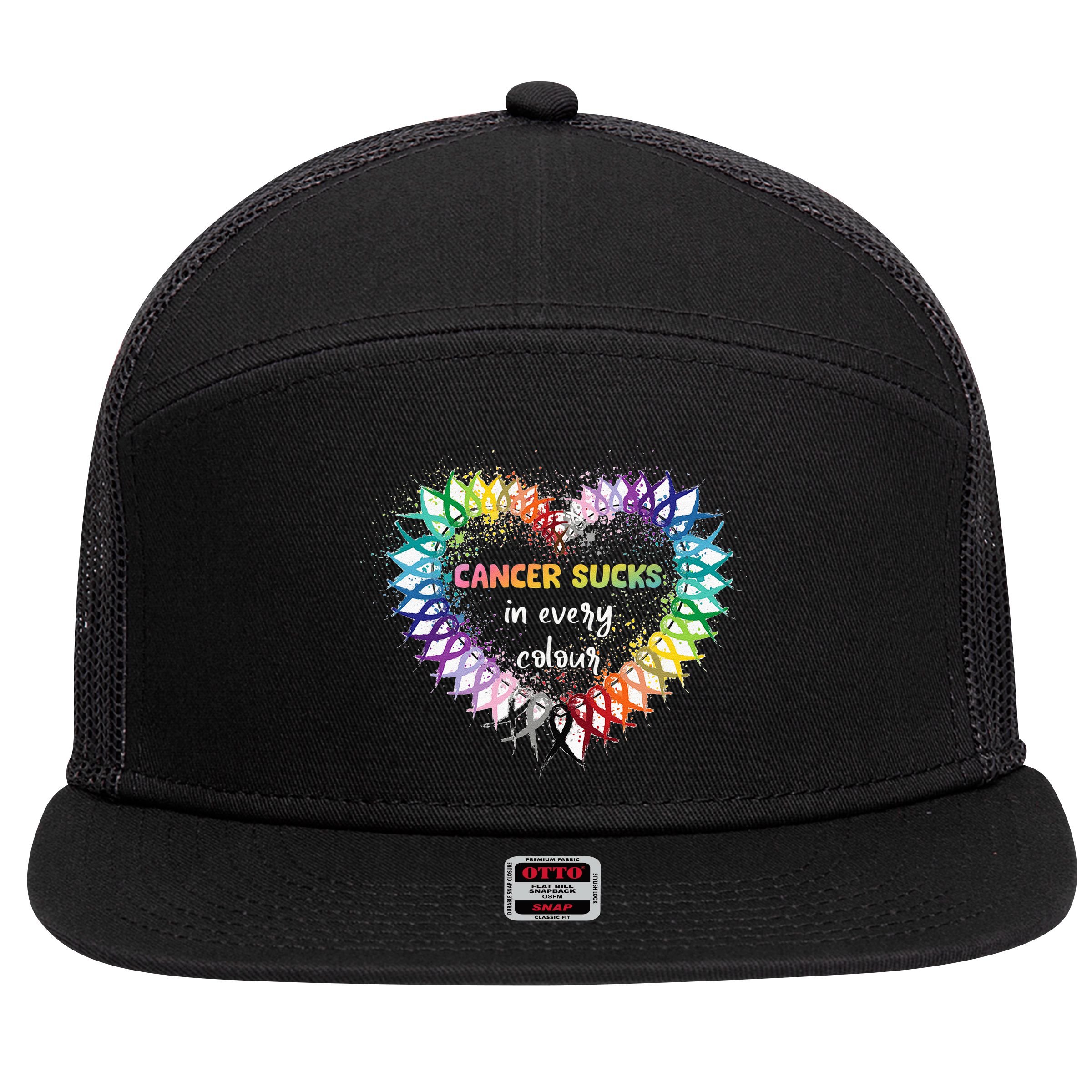 Cancer Sucks In Every Color Cancer Awareness Ribbons Heart 7 Panel Mesh Trucker Snapback Hat