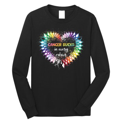 Cancer Sucks In Every Color Cancer Awareness Ribbons Heart Long Sleeve Shirt