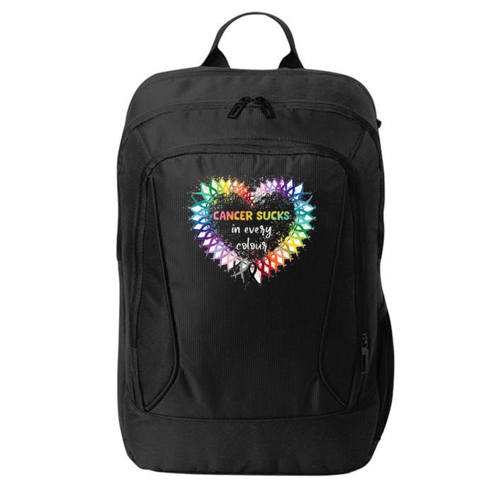 Cancer Sucks In Every Color Cancer Awareness Ribbons Heart City Backpack