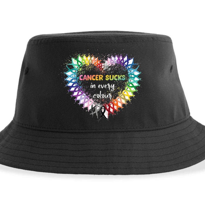 Cancer Sucks In Every Color Cancer Awareness Ribbons Heart Sustainable Bucket Hat