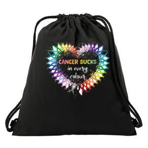 Cancer Sucks In Every Color Cancer Awareness Ribbons Heart Drawstring Bag