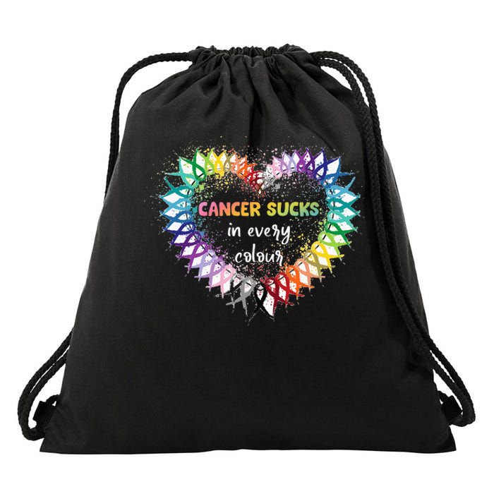 Cancer Sucks In Every Color Cancer Awareness Ribbons Heart Drawstring Bag