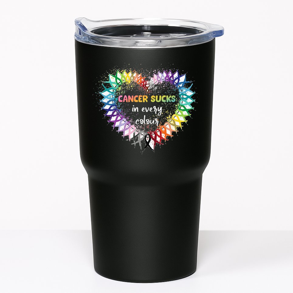 Cancer Sucks In Every Color Cancer Awareness Ribbons Heart Tumbler