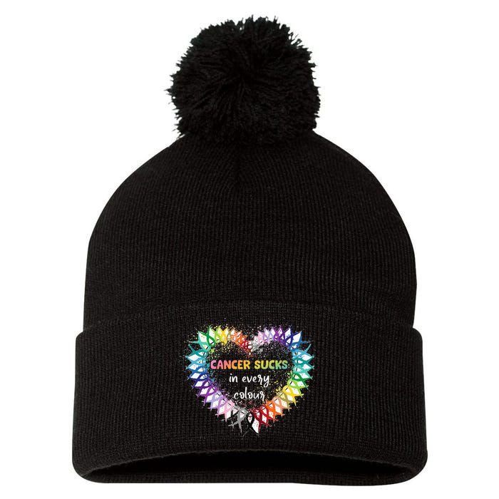 Cancer Sucks In Every Color Cancer Awareness Ribbons Heart Pom Pom 12in Knit Beanie