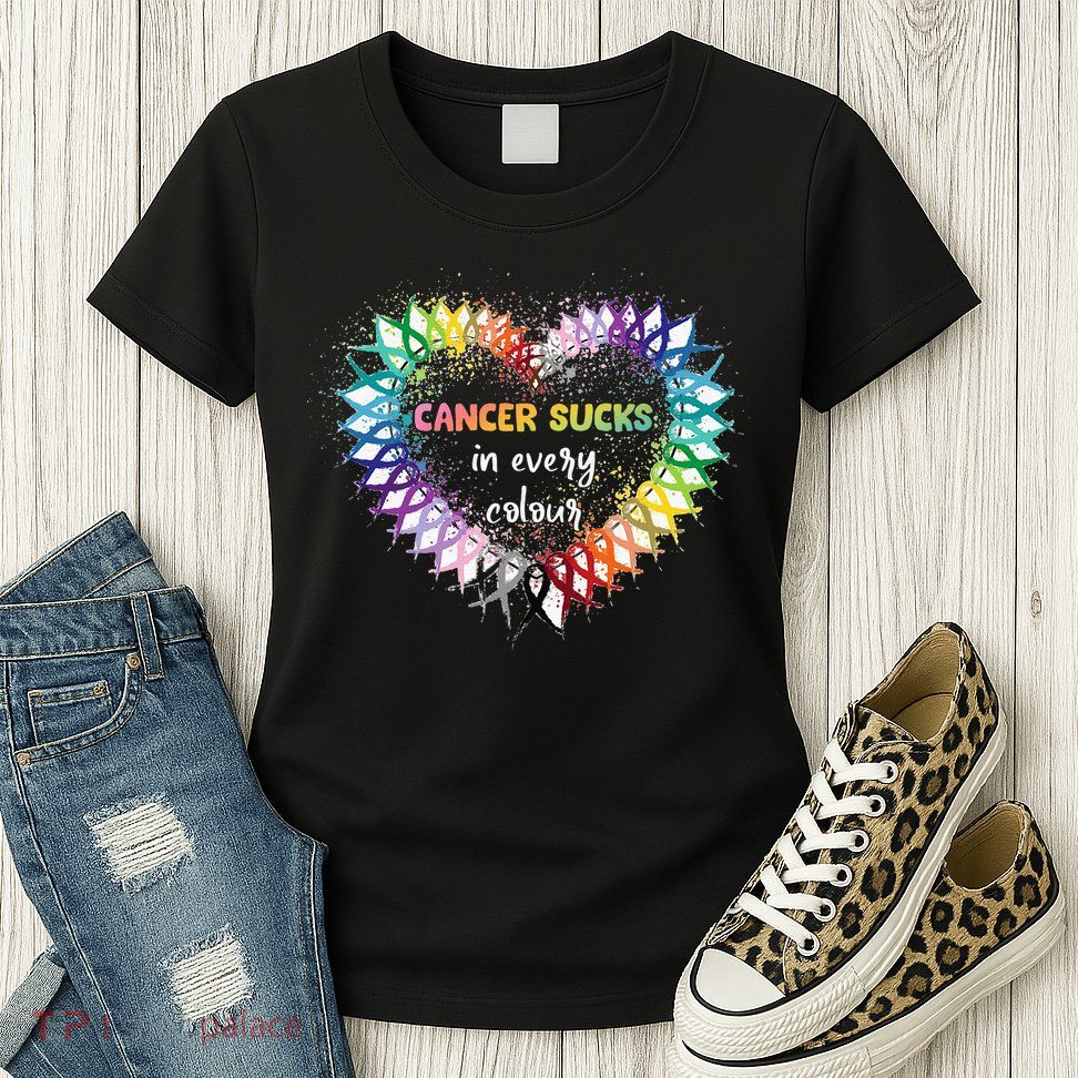 Cancer Sucks In Every Color Cancer Awareness Ribbons Heart Womens T-Shirt