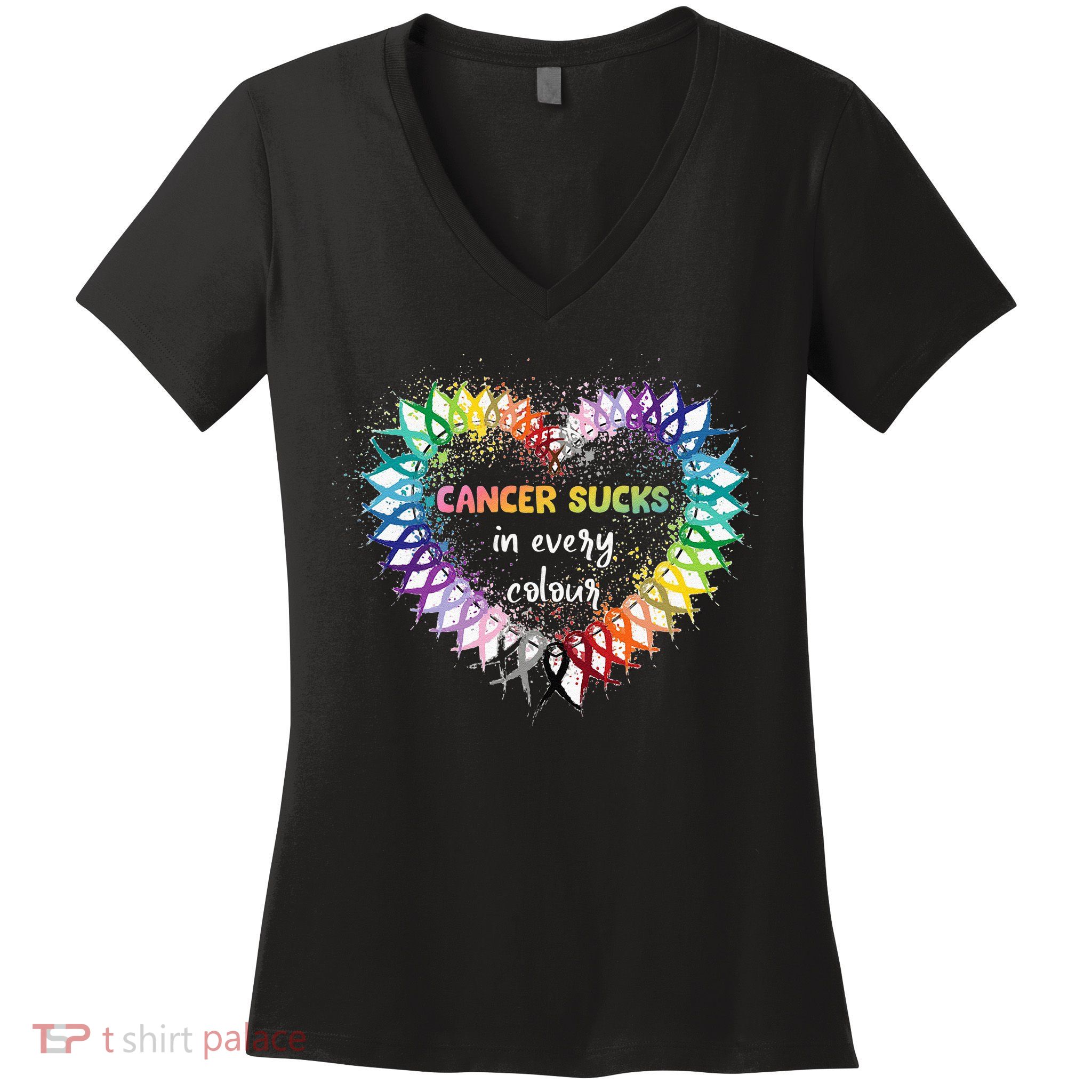 Cancer Sucks In Every Color Cancer Awareness Ribbons Heart Women's V-Neck T-Shirt