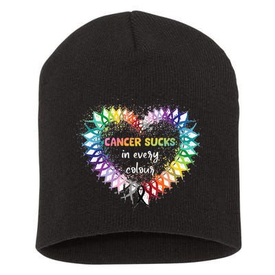 Cancer Sucks In Every Color Cancer Awareness Ribbons Heart Short Acrylic Beanie