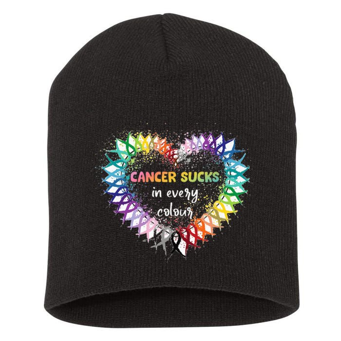 Cancer Sucks In Every Color Cancer Awareness Ribbons Heart Short Acrylic Beanie