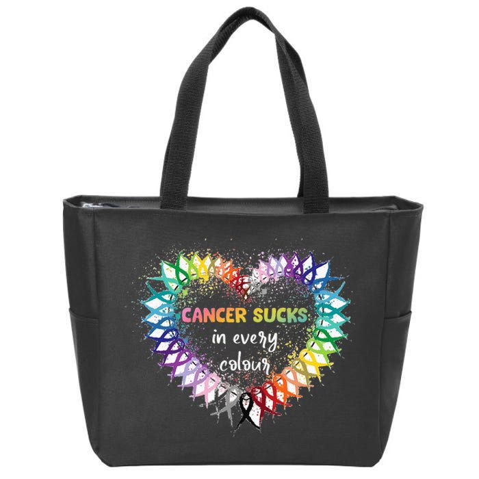 Cancer Sucks In Every Color Cancer Awareness Ribbons Heart Zip Tote Bag