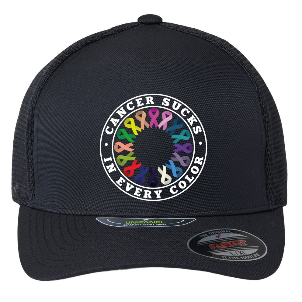 Cancer Sucks In Every Color Cancer Awareness Ribbons Cute Gift Flexfit Unipanel Trucker Cap