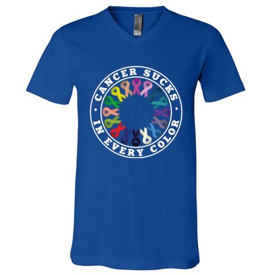 Cancer Sucks In Every Color Cancer Awareness Ribbons Cute Gift V-Neck T-Shirt