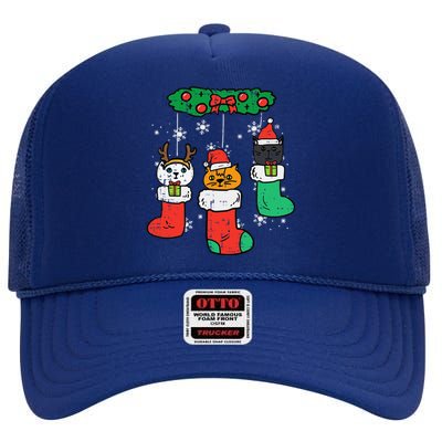 Cats Santa In Christmas Stockings Cute Xmas Funny High Crown Mesh Back Trucker Hat